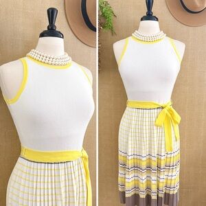 Milly Dress Preppy Fit Flare Pleated Midi Belted Sleeveless White Yellow Small
